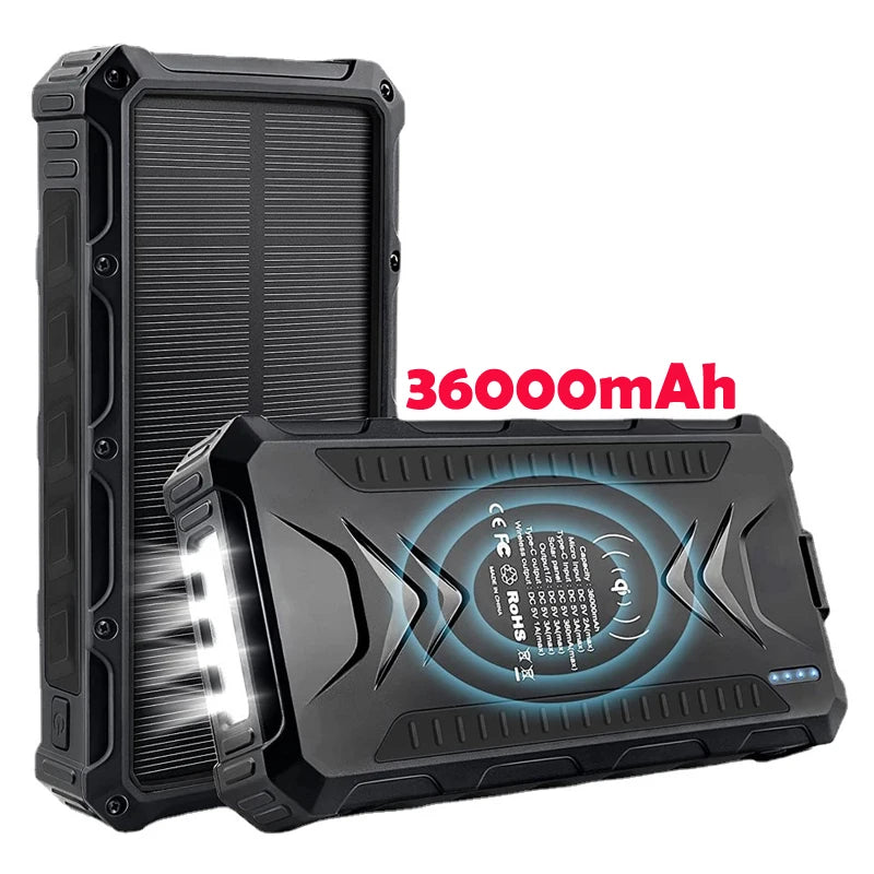 [B2B Sample Order] 36000mAh Waterproof Wireless Solar Power Bank with Quad LED Flashlight | Custom Logo & Free Mockup