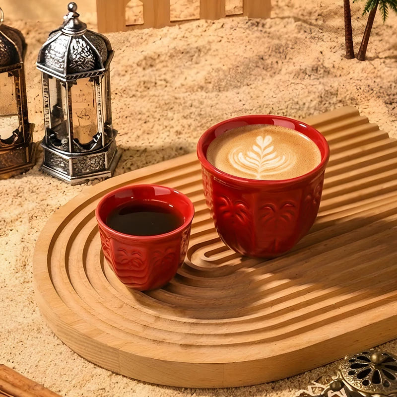 Embossed Palm Pattern Ceramic Arabic Coffee Cup | Traditional Saudi Arabia Qahwa Mug