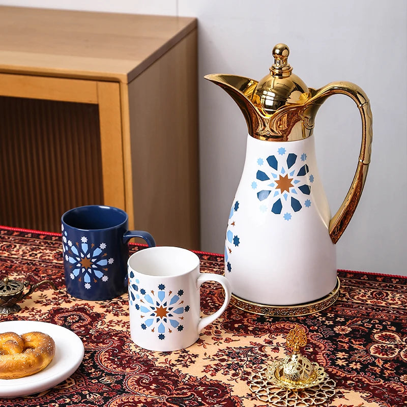 Luxury Golden Arabic Turkish Dallah Pot & Ceramic Coffee Mug Set | Middle East Drinkware