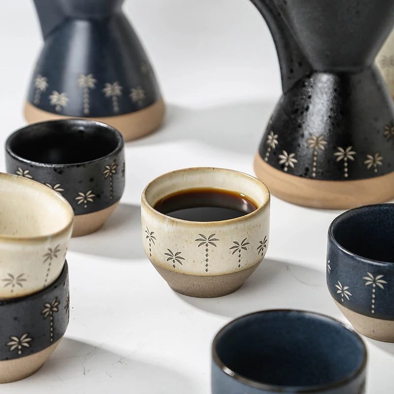 Traditional Arabic Ceramic Pour Over Coffee Dripper & Cups Set | Palm Tree Embossed Coffee Pot