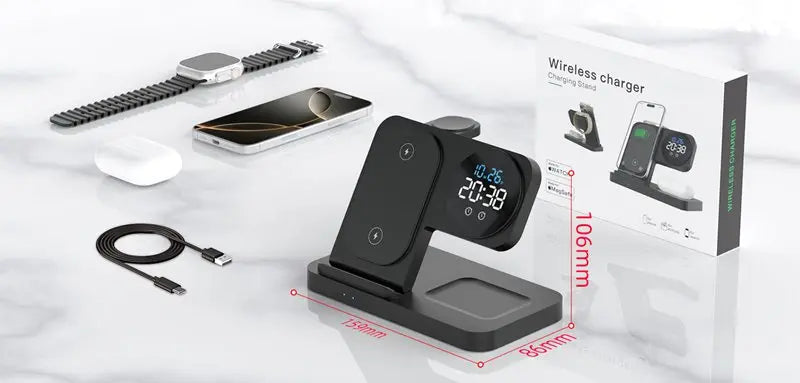 [B2B Sample Order] Foldable 4-in-1 Wireless Charging Station with Digital Clock & Alarm (15W Max) | Custom Logo & Free Mockup