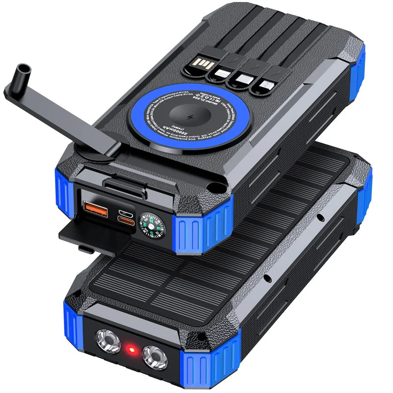 [B2B Sample Order] 20000mAh Solar Power Bank with Hand Crank & Built-in 4 Cables (PD 20W / 15W Wireless) | Custom Logo & Free Mockup