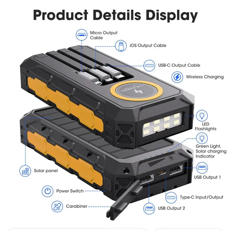 [B2B Sample Order] 30000mAh Waterproof Solar Power Bank with Built-in Cables & Wireless Charging | Custom Logo & Free Mockup