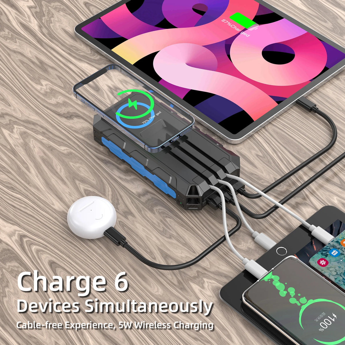 [B2B Sample Order] 30000mAh Solar Power Bank with Built-in Cables (20W / 15W Wireless) | Custom Logo & Free Mockup
