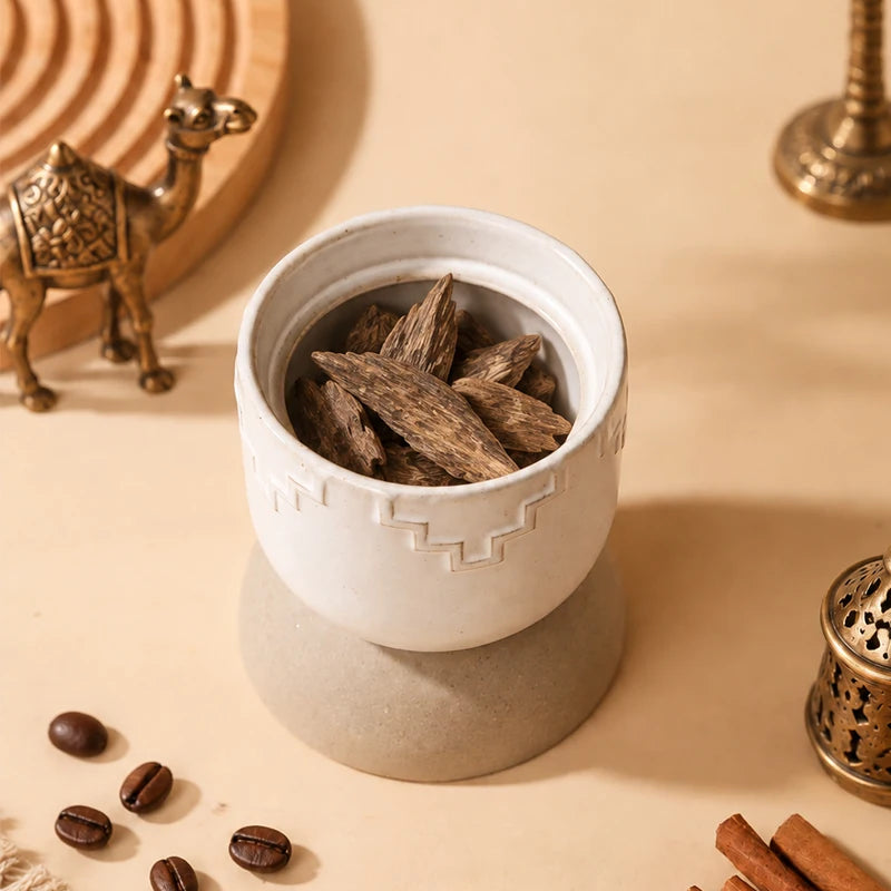 Embossed Geometric Ceramic Arabic Coffee Cup Set with Lidded Date Jar | Middle East Hospitality Gift Set