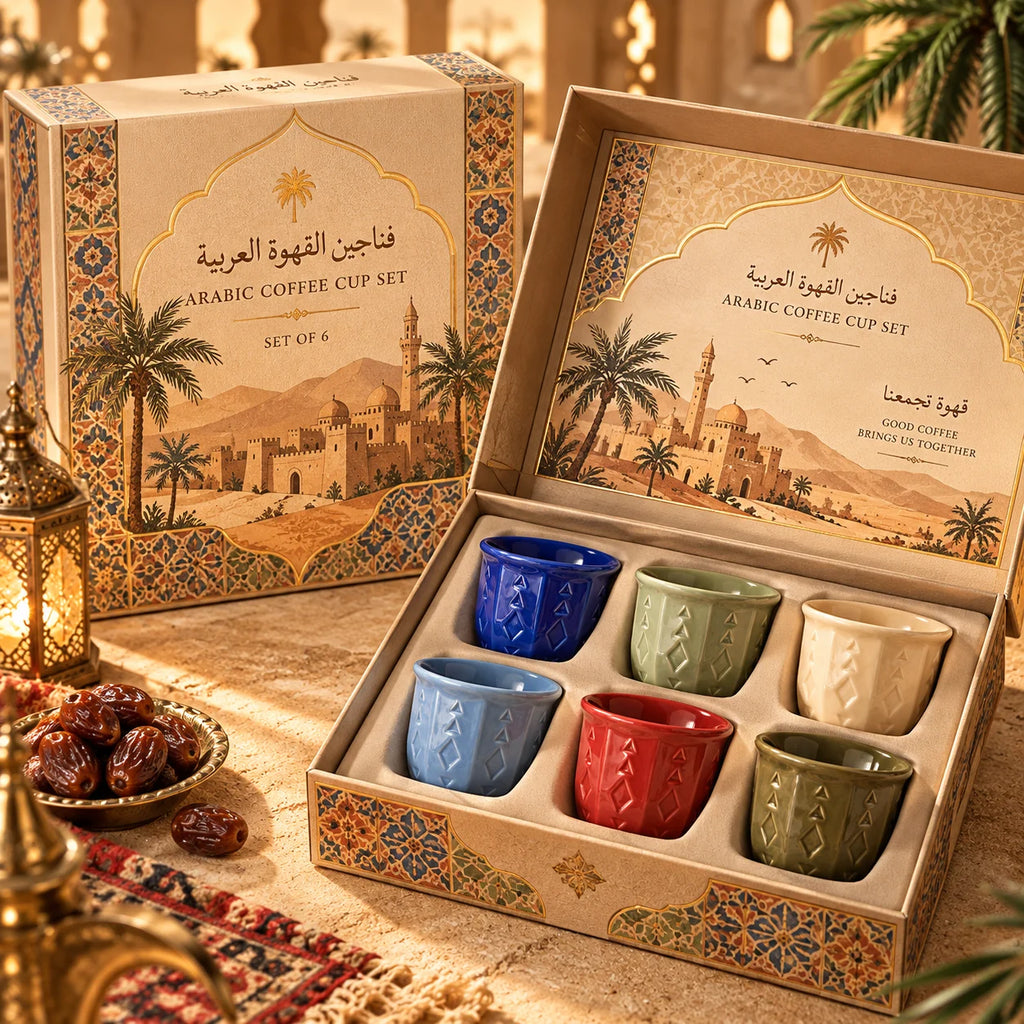 Embossed Ceramic Arabic Coffee Cup with Geometric Pattern | Traditional Saudi Arabia Qahwa Mug