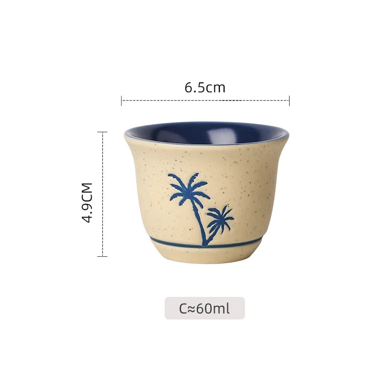Desert Camel & Palm Tree Ceramic Arabic Coffee Cup | Traditional Saudi Arabia Qahwa Mug