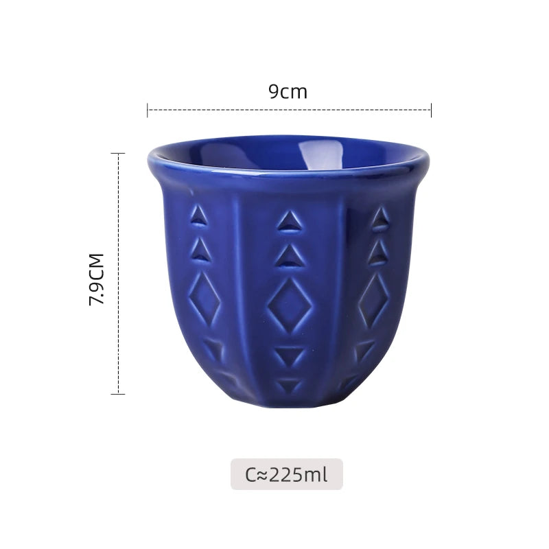 Embossed Ceramic Arabic Coffee Cup with Geometric Pattern | Traditional Saudi Arabia Qahwa Mug