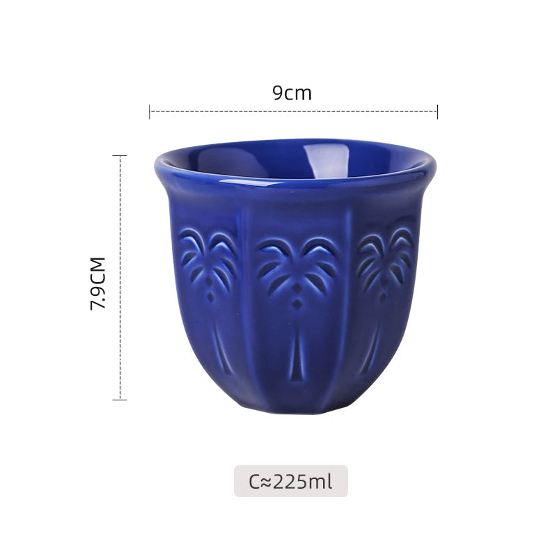 Embossed Palm Pattern Ceramic Arabic Coffee Cup | Traditional Saudi Arabia Qahwa Mug