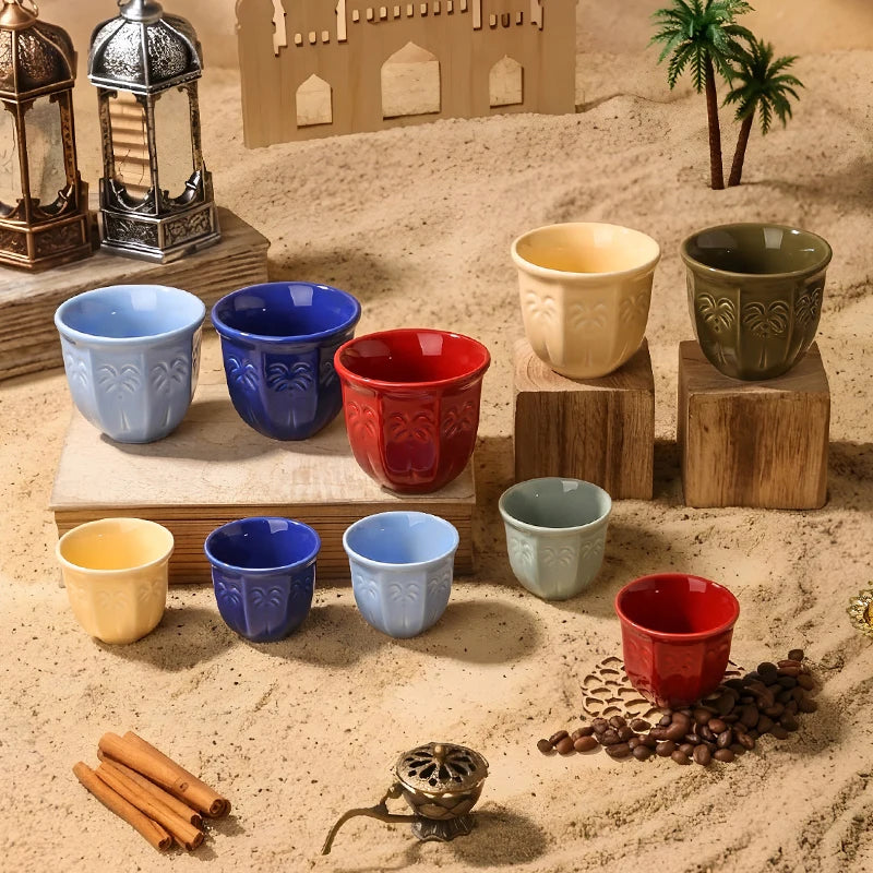 Embossed Palm Pattern Ceramic Arabic Coffee Cup | Traditional Saudi Arabia Qahwa Mug