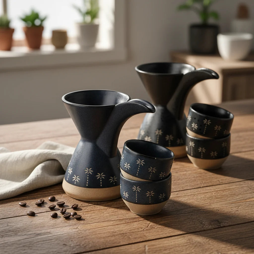 Ceramic Pour Over Coffee Dripper & Cups Set | Palm Tree Embossed Stoneware Coffee Maker