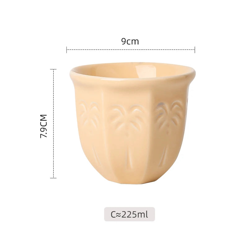 Embossed Palm Pattern Ceramic Arabic Coffee Cup | Traditional Saudi Arabia Qahwa Mug
