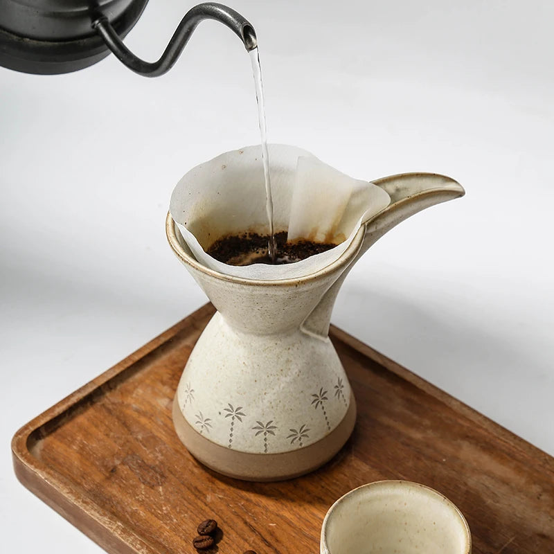 Ceramic Pour Over Coffee Dripper & Cups Set | Palm Tree Embossed Stoneware Coffee Maker