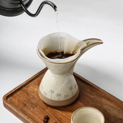 Ceramic Pour Over Coffee Dripper & Cups Set | Palm Tree Embossed Stoneware Coffee Maker