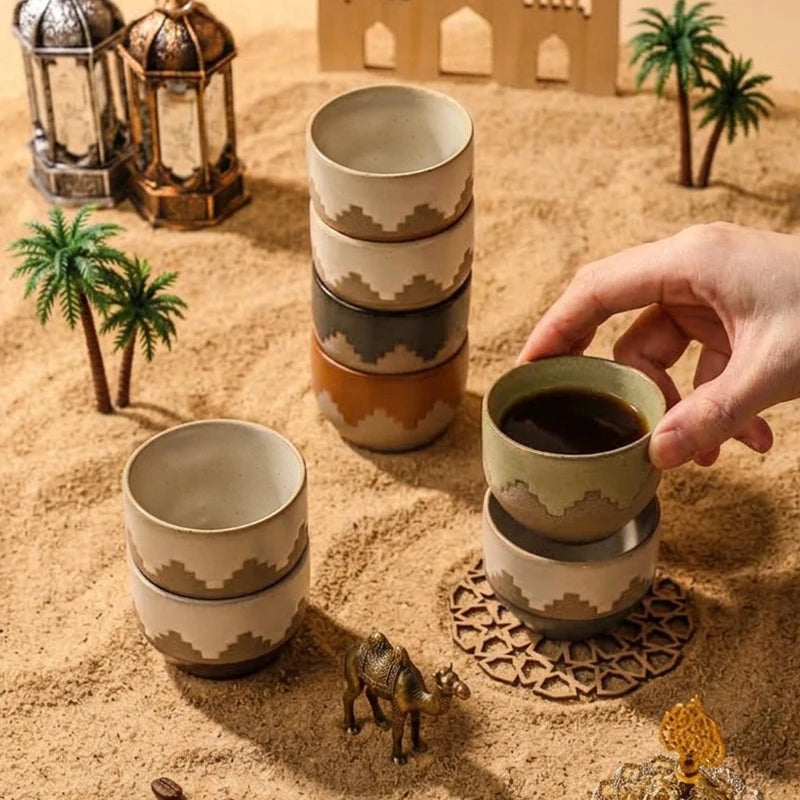 Middle Eastern Ceramic Cawa Cups with Geometric Relief | Rustic Glaze Saudi Arabia Coffee Mug