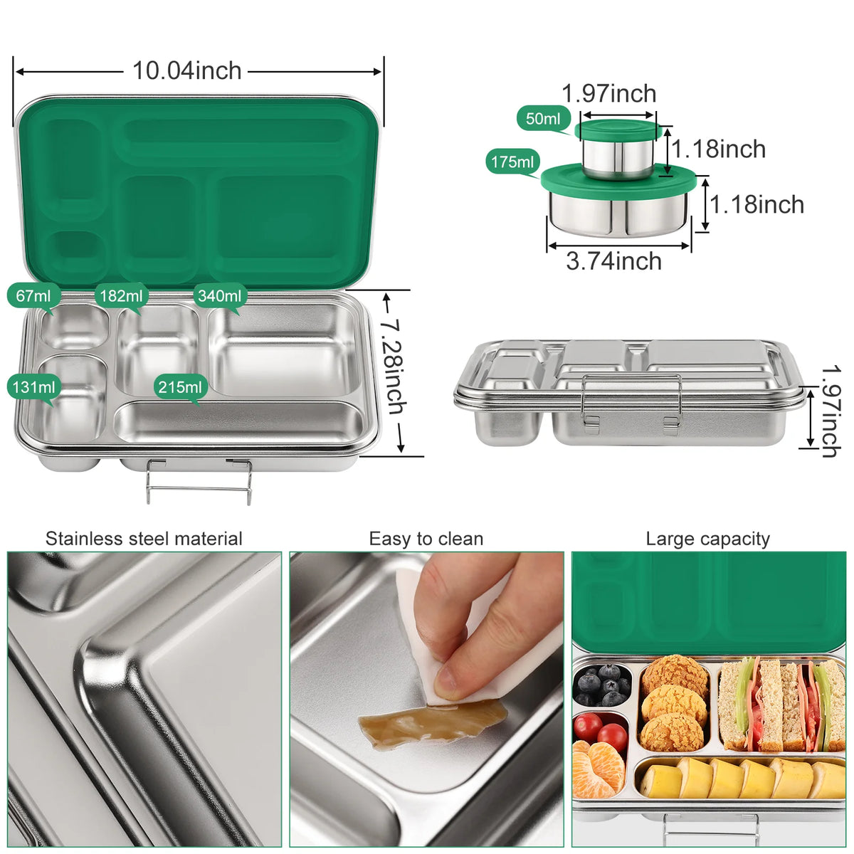 [B2B Sample Order] 5-Compartment 304 Stainless Steel Bento Lunch Box Set with 2 Dip Containers (935ml) | Standard & Custom OEM Sample