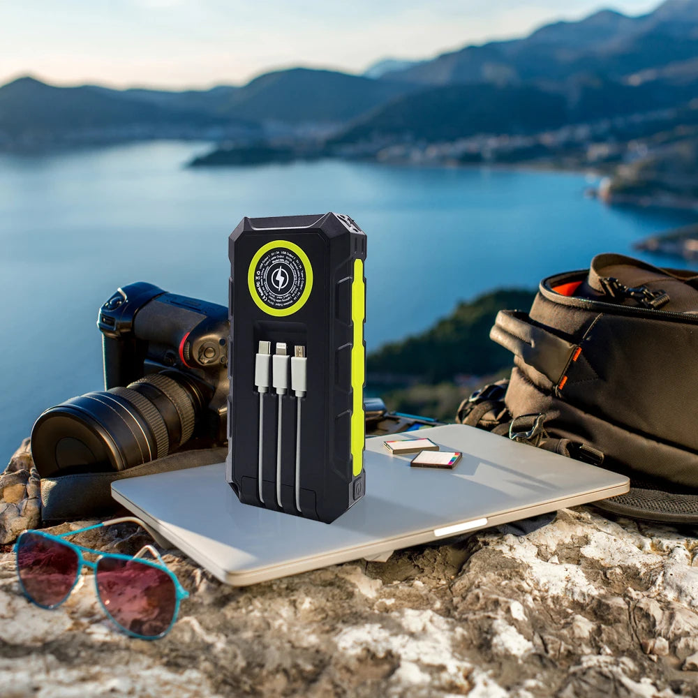 [B2B Sample Order] 30000mAh Waterproof Solar Power Bank with Built-in 3 Cables & 8-LED Floodlight | Custom Logo & Free Mockup