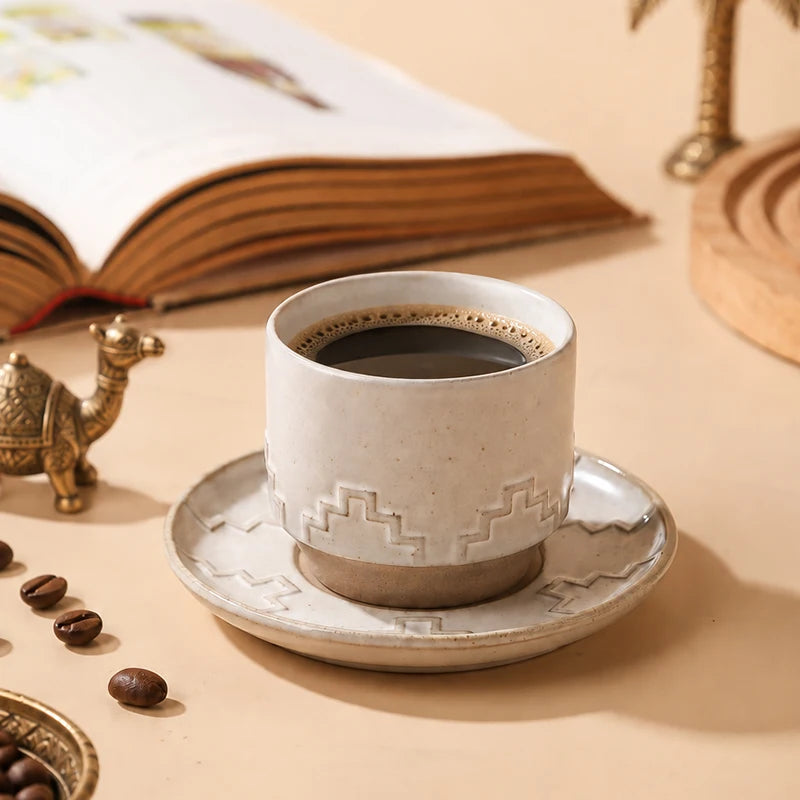 Embossed Geometric Ceramic Arabic Coffee Cup Set with Lidded Date Jar | Middle East Hospitality Gift Set