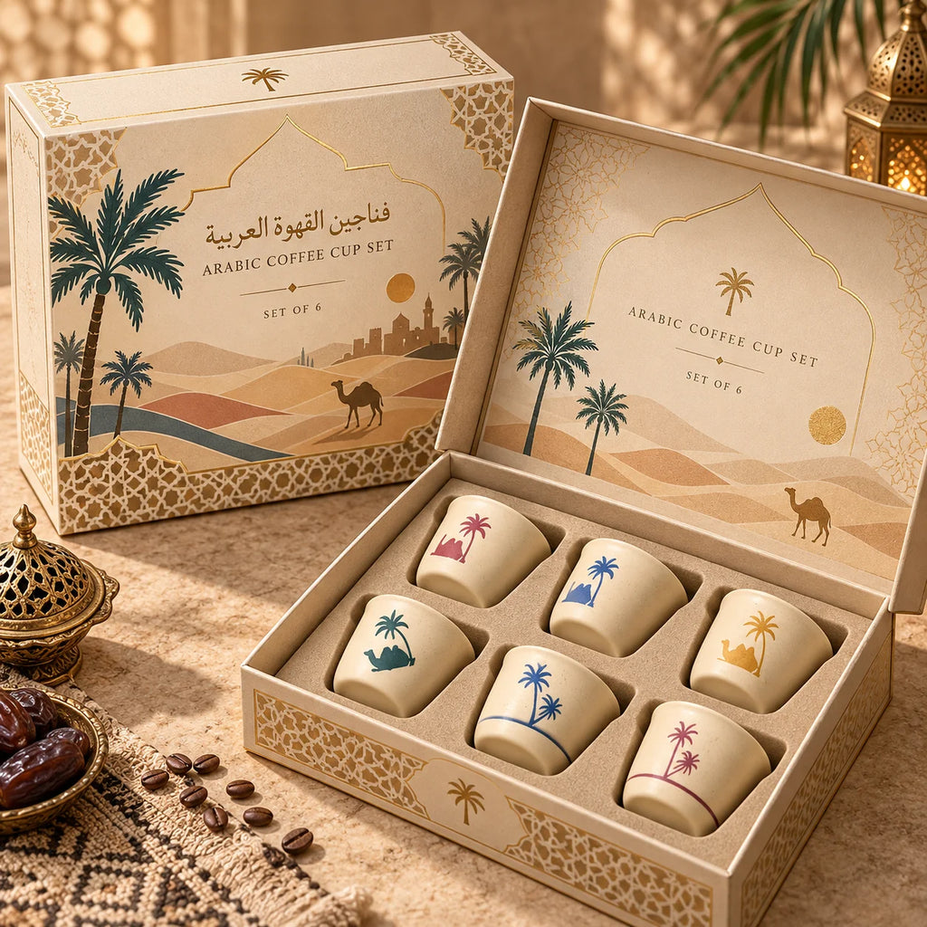 Desert Camel & Palm Tree Ceramic Arabic Coffee Cup | Traditional Saudi Arabia Qahwa Mug