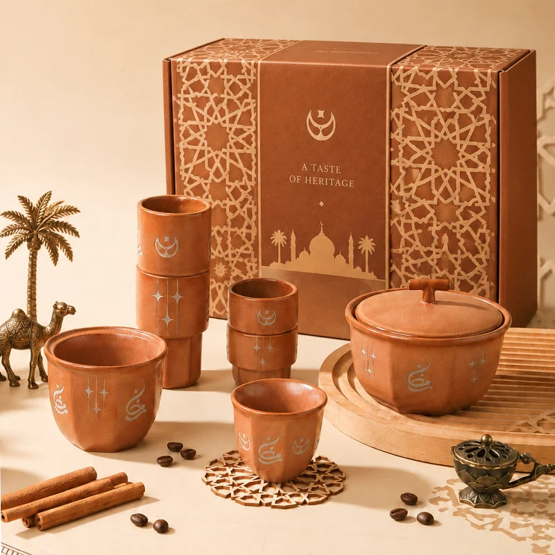 Handmade Ceramic Arabic Qahwa Cup Set with Lidded Date Bowl | Ramadan & Eid Hospitality Gift Set