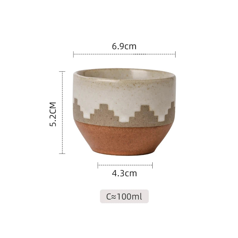 Middle Eastern Ceramic Cawa Cups with Geometric Relief | Rustic Glaze Saudi Arabia Coffee Mug