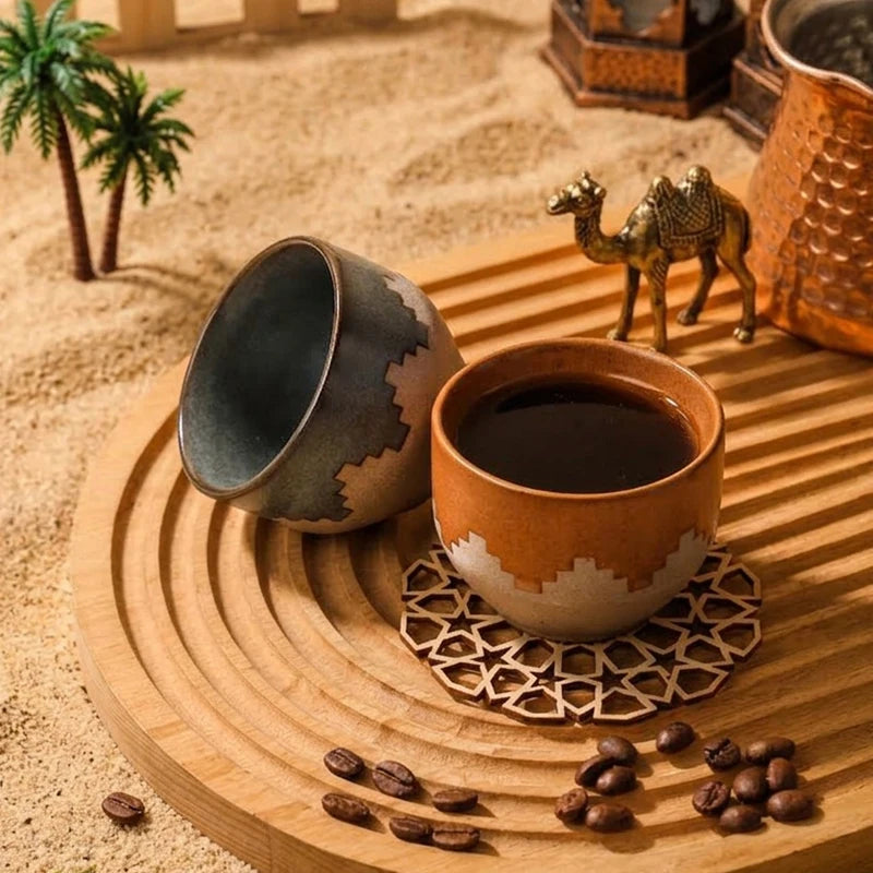 Middle Eastern Ceramic Cawa Cups with Geometric Relief | Rustic Glaze Saudi Arabia Coffee Mug