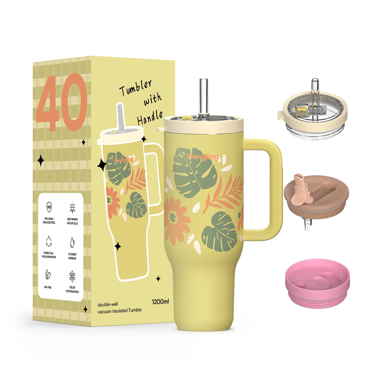 [B2B Sample Order] 1.2L (40oz) Tumbler with Ergonomic Handle & Multi-Lids Double-Wall 18/8 Stainless Steel Vacuum Insulated | Free Digital Mockup & Custom Logo