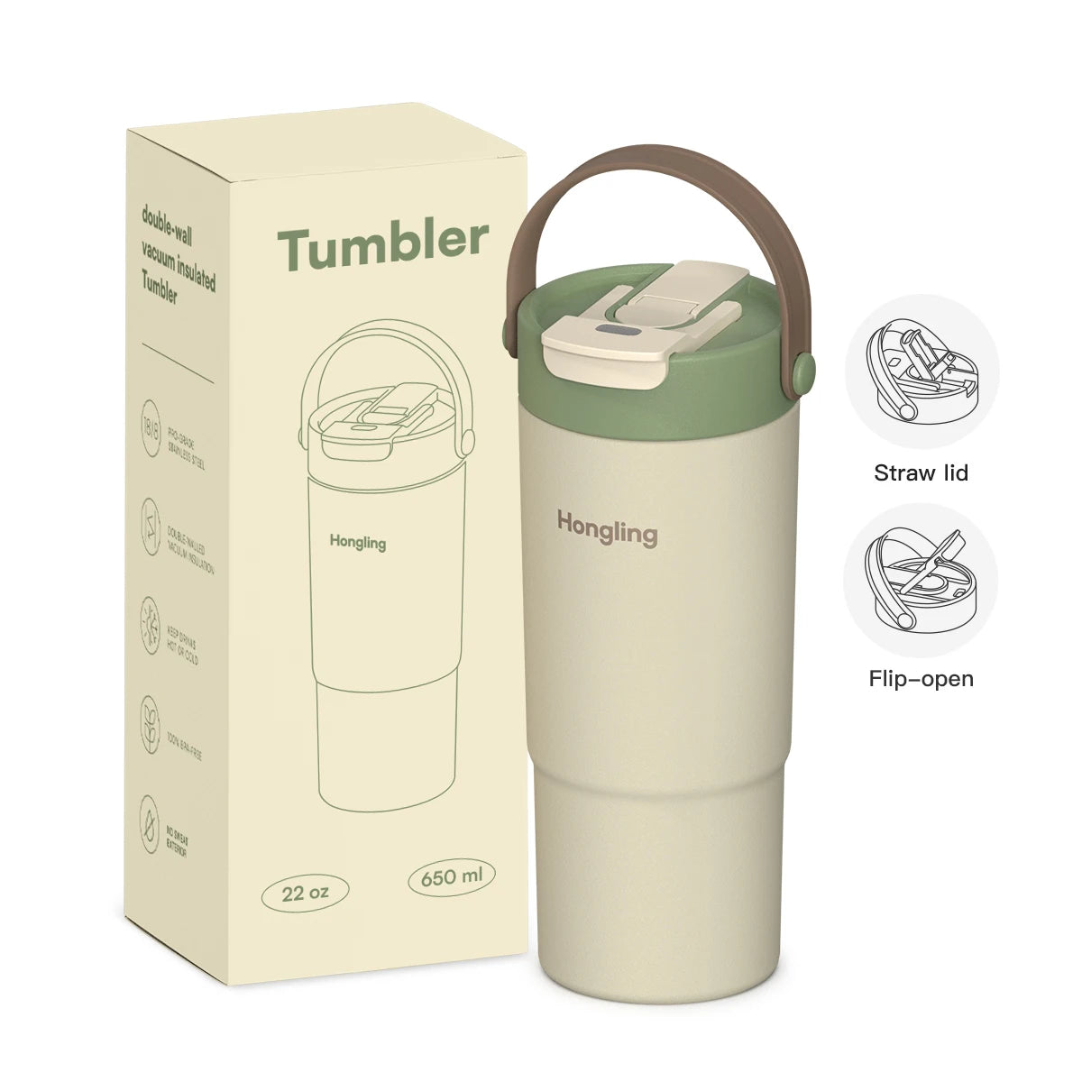 [B2B Sample Order] 22oz Stainless Steel Insulated Tumbler with Handle & 2-in-1 Lid | Free Digital Mockup & Custom Logo