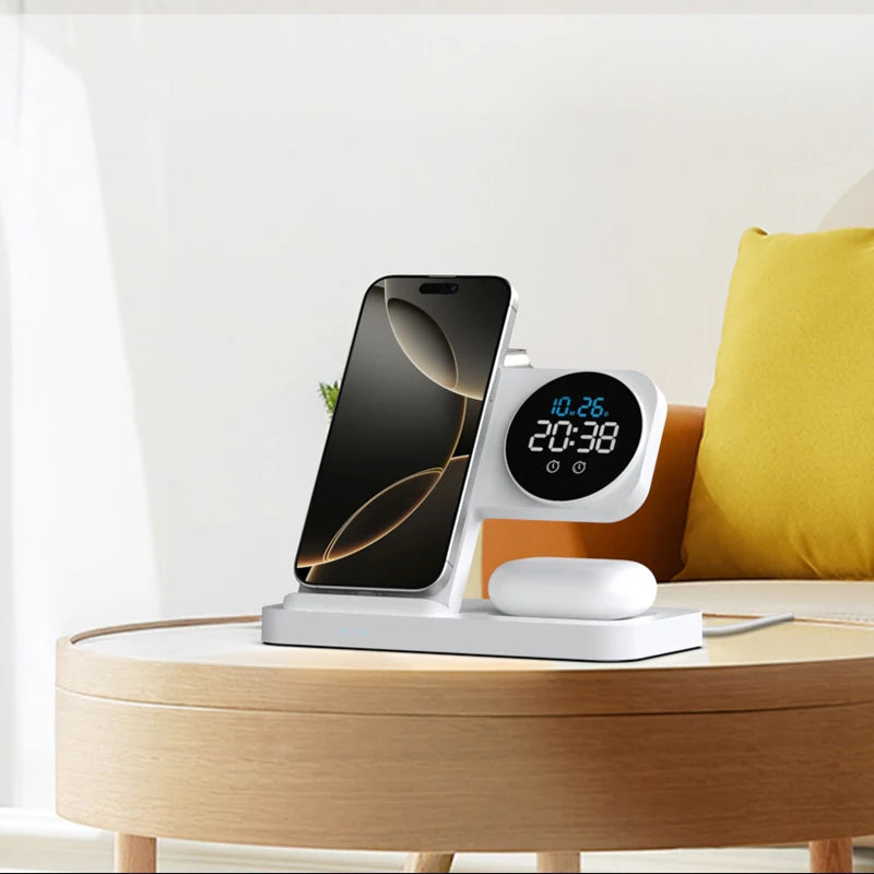 [B2B Sample Order] Foldable 4-in-1 Wireless Charging Station with Digital Clock & Alarm (15W Max) | Custom Logo & Free Mockup