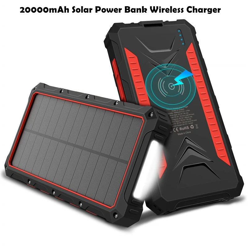 [B2B Sample Order] 20000mAh Waterproof Wireless Solar Power Bank with LED Flashlight | Custom Logo & Free Mockup