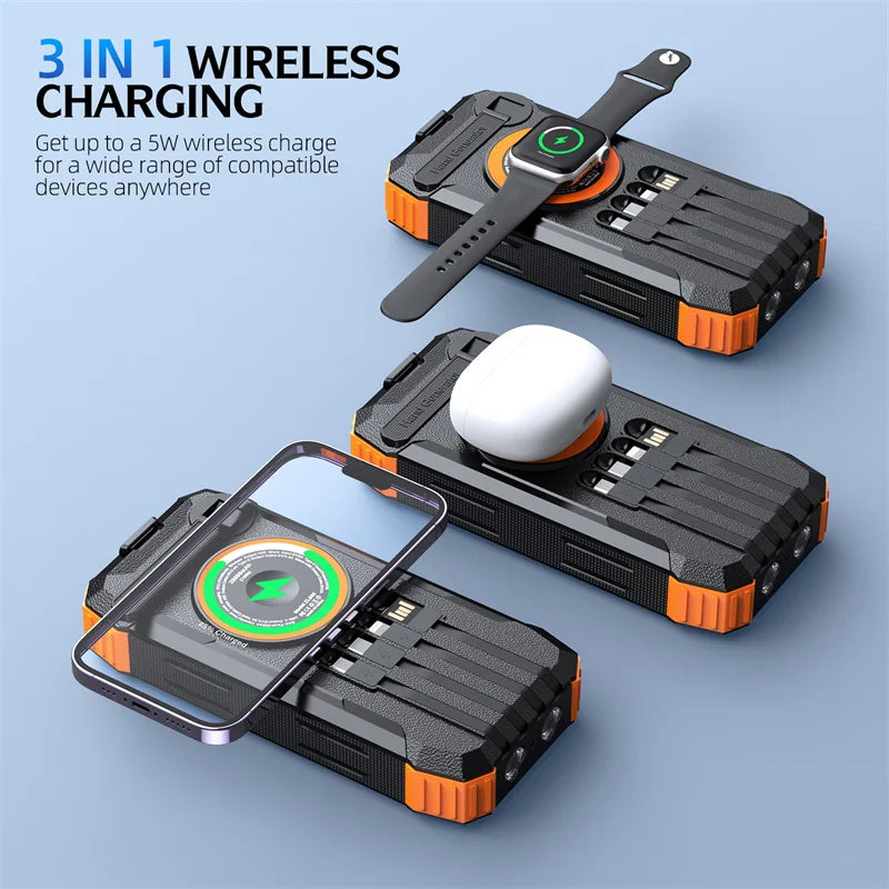 [B2B Sample Order] 20000mAh Solar Power Bank with Hand Crank & Built-in 4 Cables (PD 20W / 15W Wireless) | Custom Logo & Free Mockup