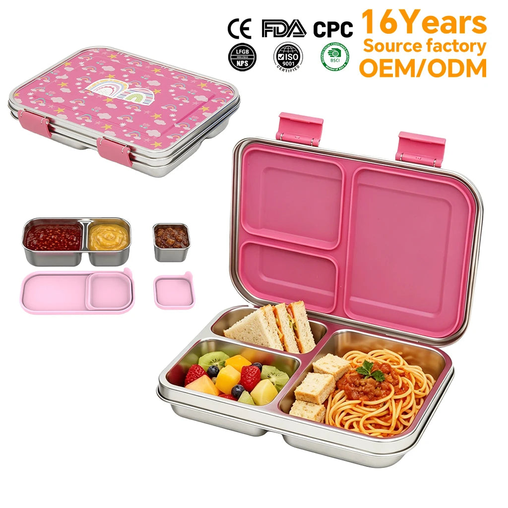 [B2B Sample Order] 3-Compartment 304 Stainless Steel Kids Bento Lunch Box with Silicone Seal (1000ml) | Standard & Custom OEM Sample