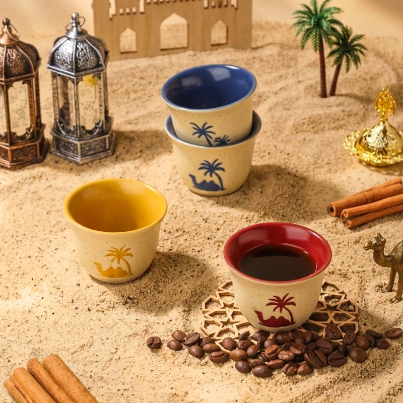Desert Camel & Palm Tree Ceramic Arabic Coffee Cup | Traditional Saudi Arabia Qahwa Mug