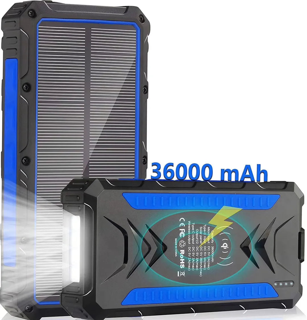 [B2B Sample Order] 36000mAh High Capacity Solar Wireless Power Bank with 4 USB Outputs & LED Flashlight | Custom Logo & Free Mockup