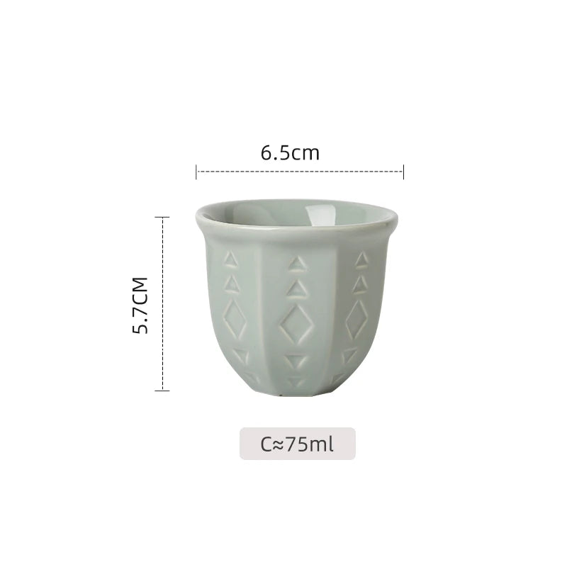 Embossed Ceramic Arabic Coffee Cup with Geometric Pattern | Traditional Saudi Arabia Qahwa Mug