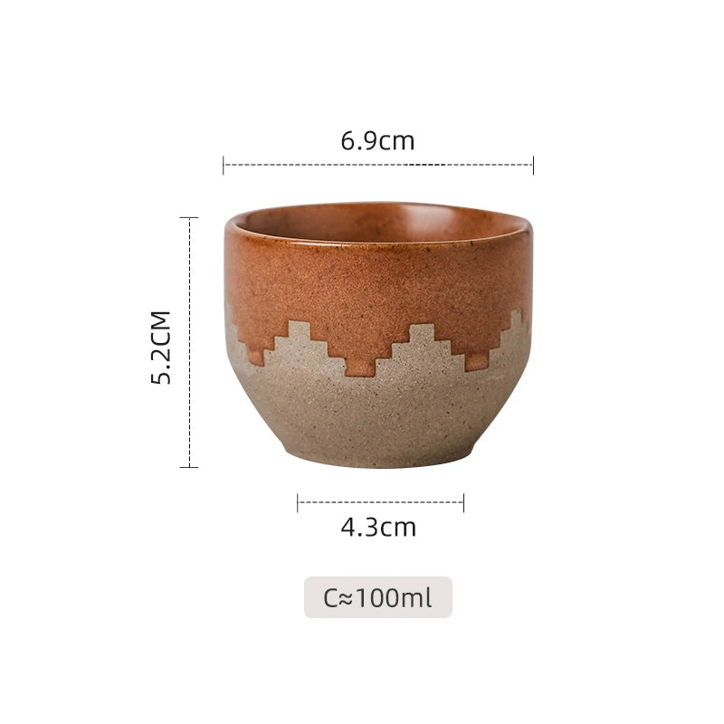 Middle Eastern Ceramic Cawa Cups with Geometric Relief | Rustic Glaze Saudi Arabia Coffee Mug