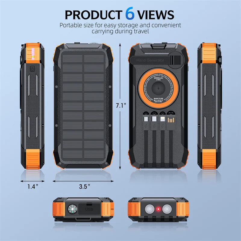 [B2B Sample Order] 20000mAh Solar Power Bank with Hand Crank & Built-in 4 Cables (PD 20W / 15W Wireless) | Custom Logo & Free Mockup