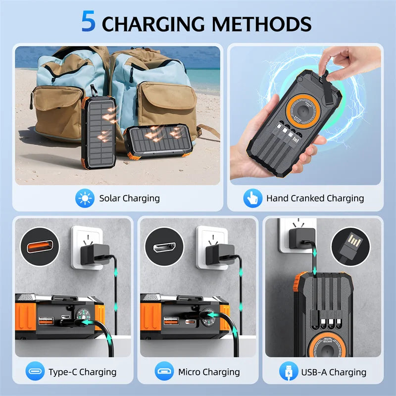 [B2B Sample Order] 20000mAh Solar Power Bank with Hand Crank & Built-in 4 Cables (PD 20W / 15W Wireless) | Custom Logo & Free Mockup