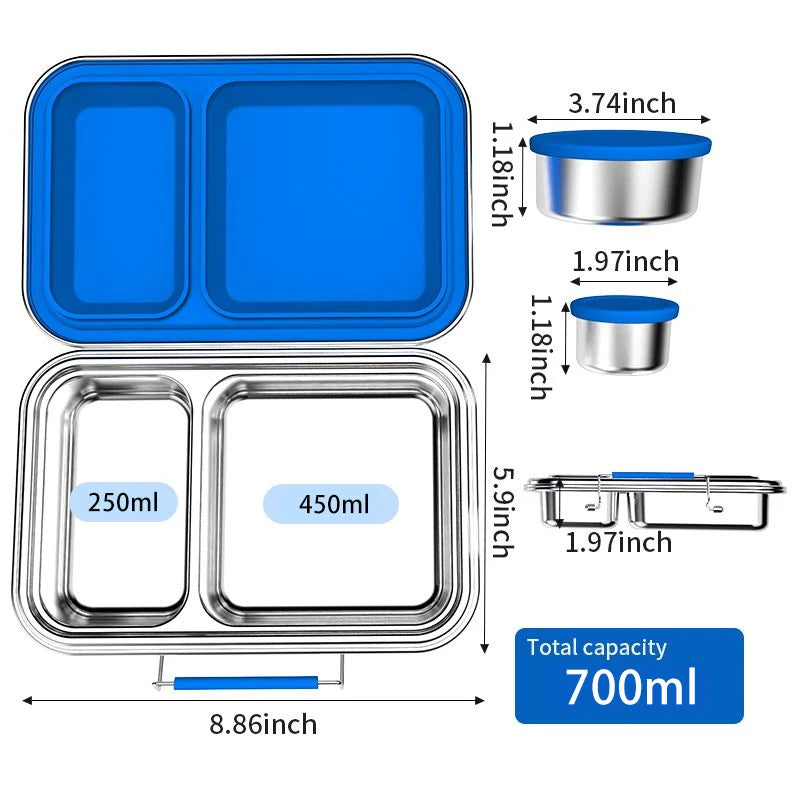 [B2B Sample Order] 2-Compartment 304 Stainless Steel Kids Bento Lunch Box with Silicone Seal (700ml) | Standard & Custom OEM Sample