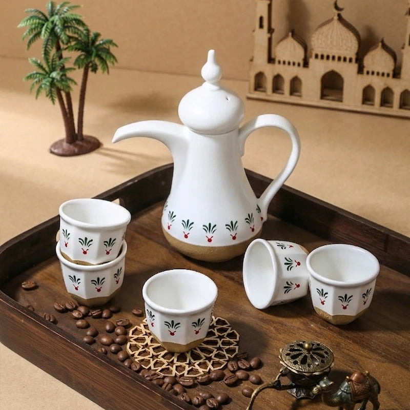 Luxury Ceramic Qahwa Dallah Coffee Set with 6 Cups | Traditional Arabic Hospitality Gift Set