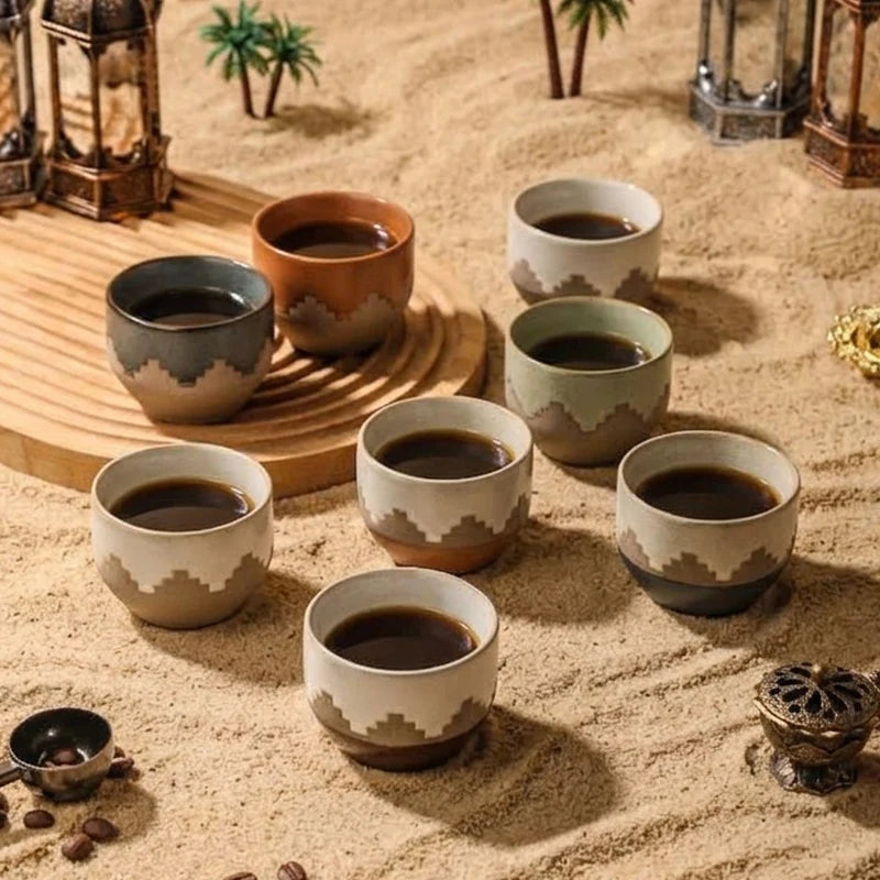 Middle Eastern Ceramic Cawa Cups with Geometric Relief | Rustic Glaze Saudi Arabia Coffee Mug