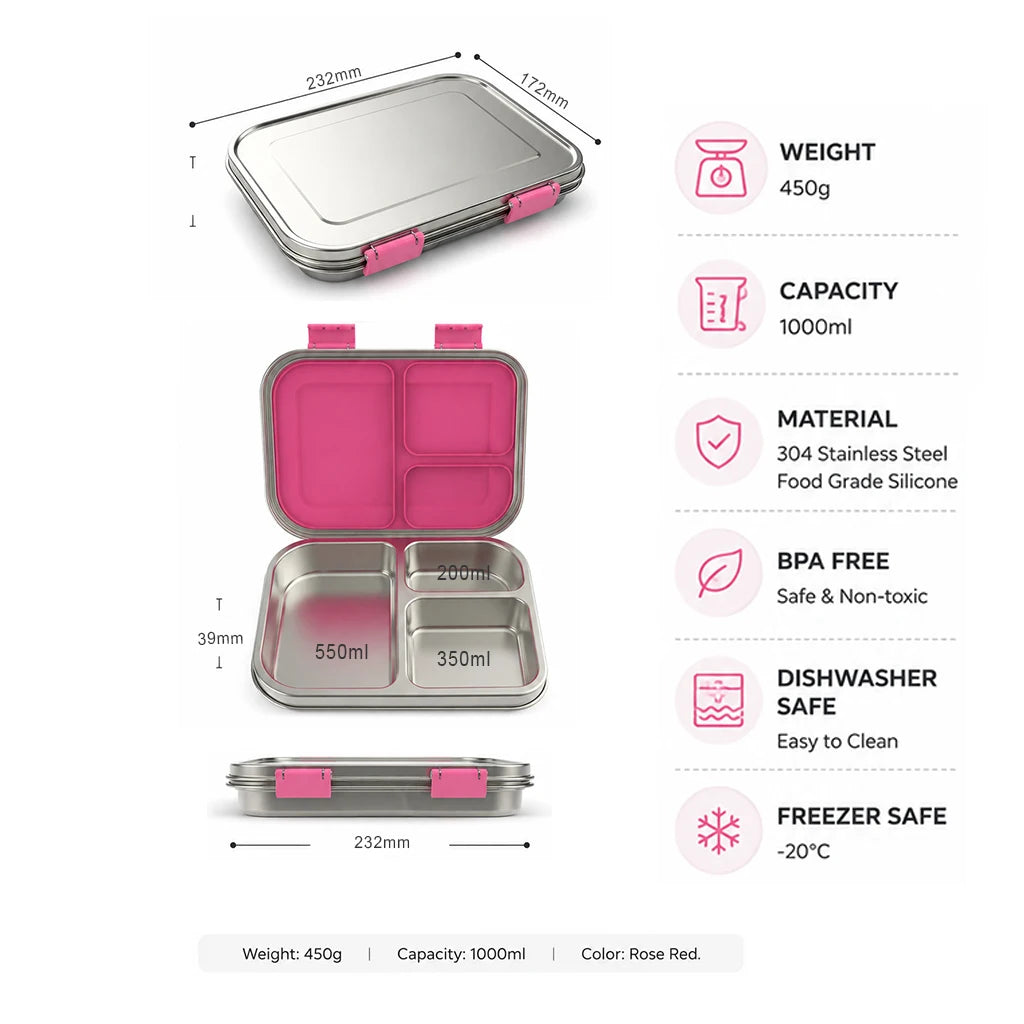 [B2B Sample Order] 3-Compartment 304 Stainless Steel Kids Bento Lunch Box with Silicone Seal (1000ml) | Standard & Custom OEM Sample