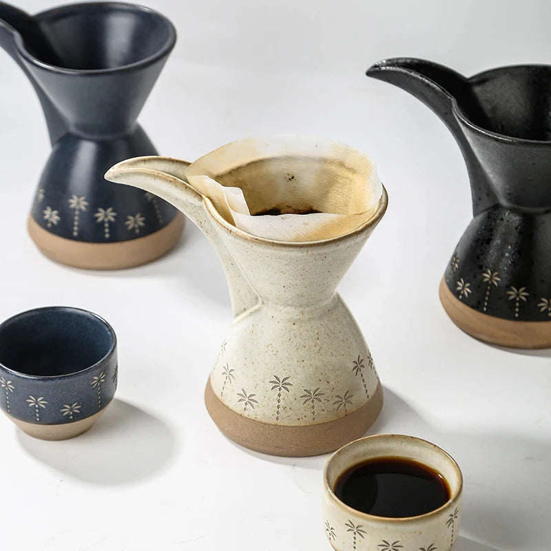 Traditional Arabic Ceramic Pour Over Coffee Dripper & Cups Set | Palm Tree Embossed Coffee Pot