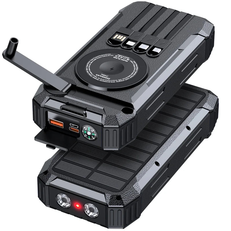 [B2B Sample Order] 20000mAh Solar Power Bank with Hand Crank & Built-in 4 Cables (PD 20W / 15W Wireless) | Custom Logo & Free Mockup