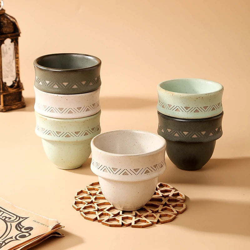 Stackable Ceramic Arabic Coffee Cup with Tribal Geometric Rim | Traditional Saudi Arabia Qahwa Pottery Mug