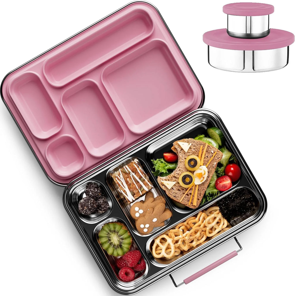 [B2B Sample Order] 5-Compartment 304 Stainless Steel Bento Lunch Box Set with 2 Dip Containers (935ml) | Standard & Custom OEM Sample