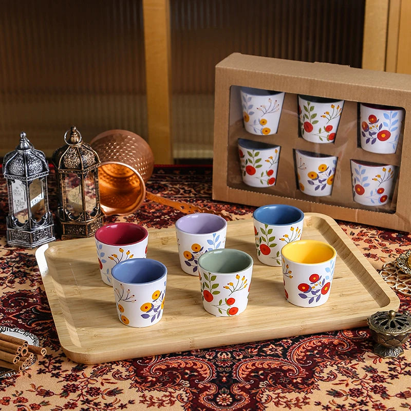 [B2B Sample Order] Ceramic Arabic Coffee Cup Gift Set (60ml) Floral Decal | Custom Logo & Free Mockup