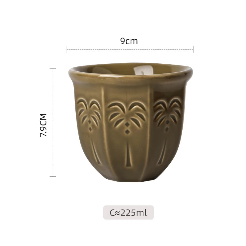 Embossed Palm Pattern Ceramic Arabic Coffee Cup | Traditional Saudi Arabia Qahwa Mug