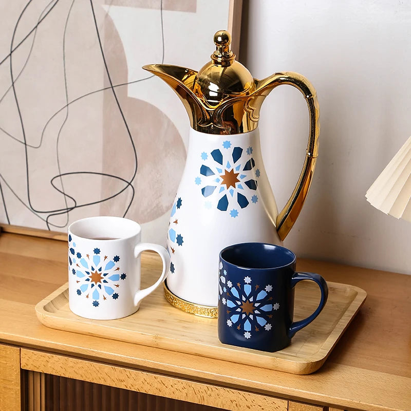 Luxury Golden Arabic Turkish Dallah Pot & Ceramic Coffee Mug Set | Middle East Drinkware