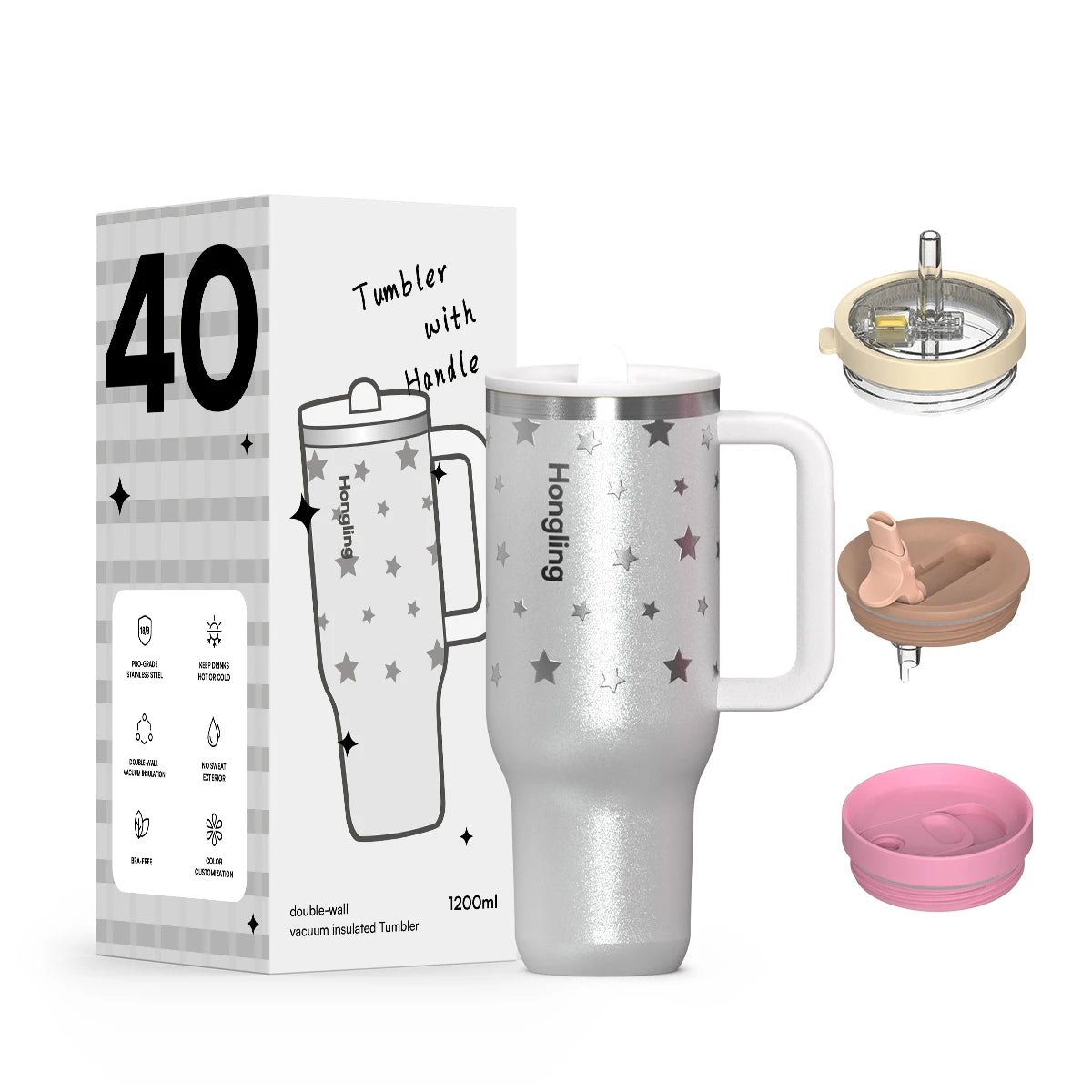 [B2B Sample Order] 1.2L (40oz) Tumbler with Ergonomic Handle & Multi-Lids Double-Wall 18/8 Stainless Steel Vacuum Insulated | Free Digital Mockup & Custom Logo